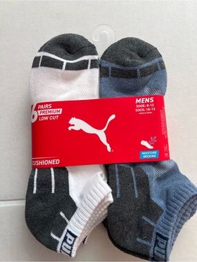 Puma Men's Low Cut Cushion Socks - White & Gray & Blue (6 Pairs)